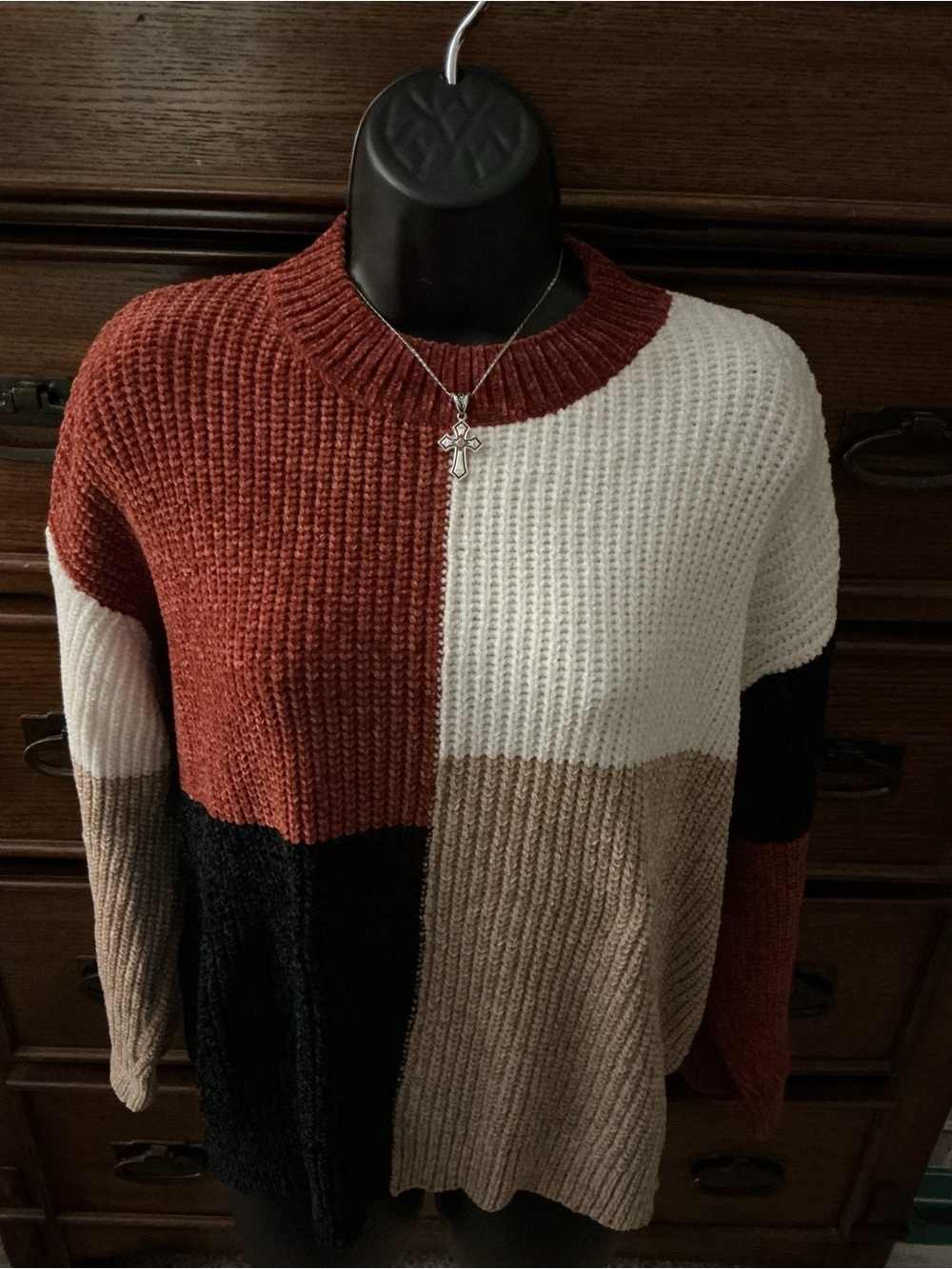 Pink Lily Blocked Waffle Knit Crewneck Sweater - Rust, White, Black, Tan